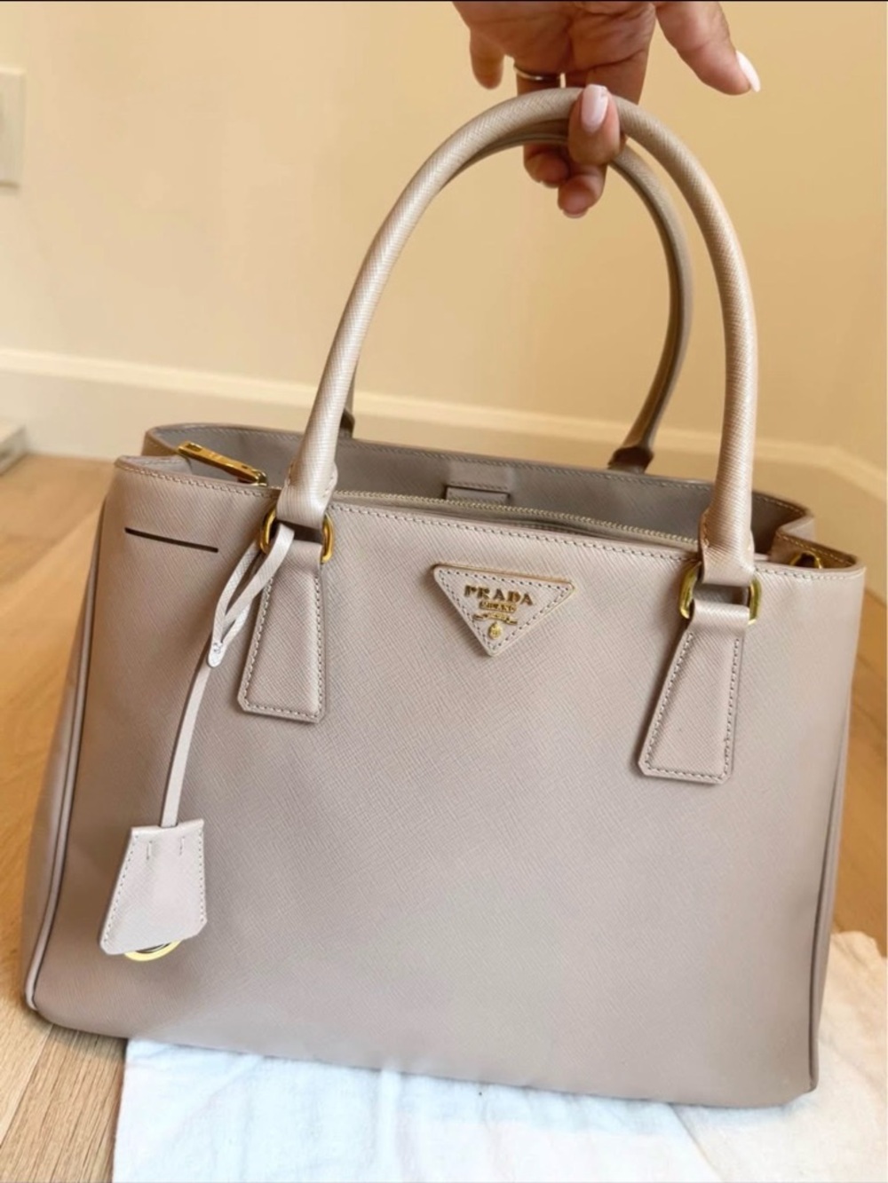 Original Prada Saffiano Leather Satchel in Light Taupe